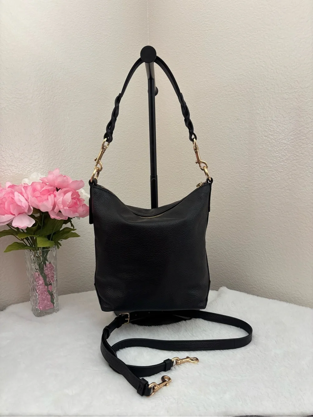 Coach Black Leather Abby Duffle Bag with Gold Hardware